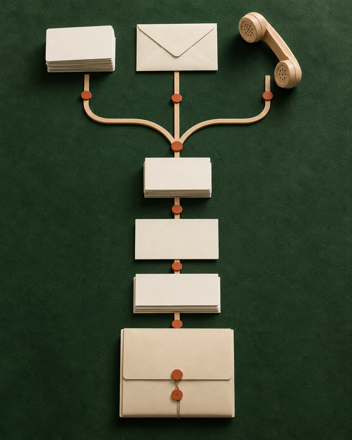 Three prospecting channels connected to a shared follow-up and sales process ending in an agreement